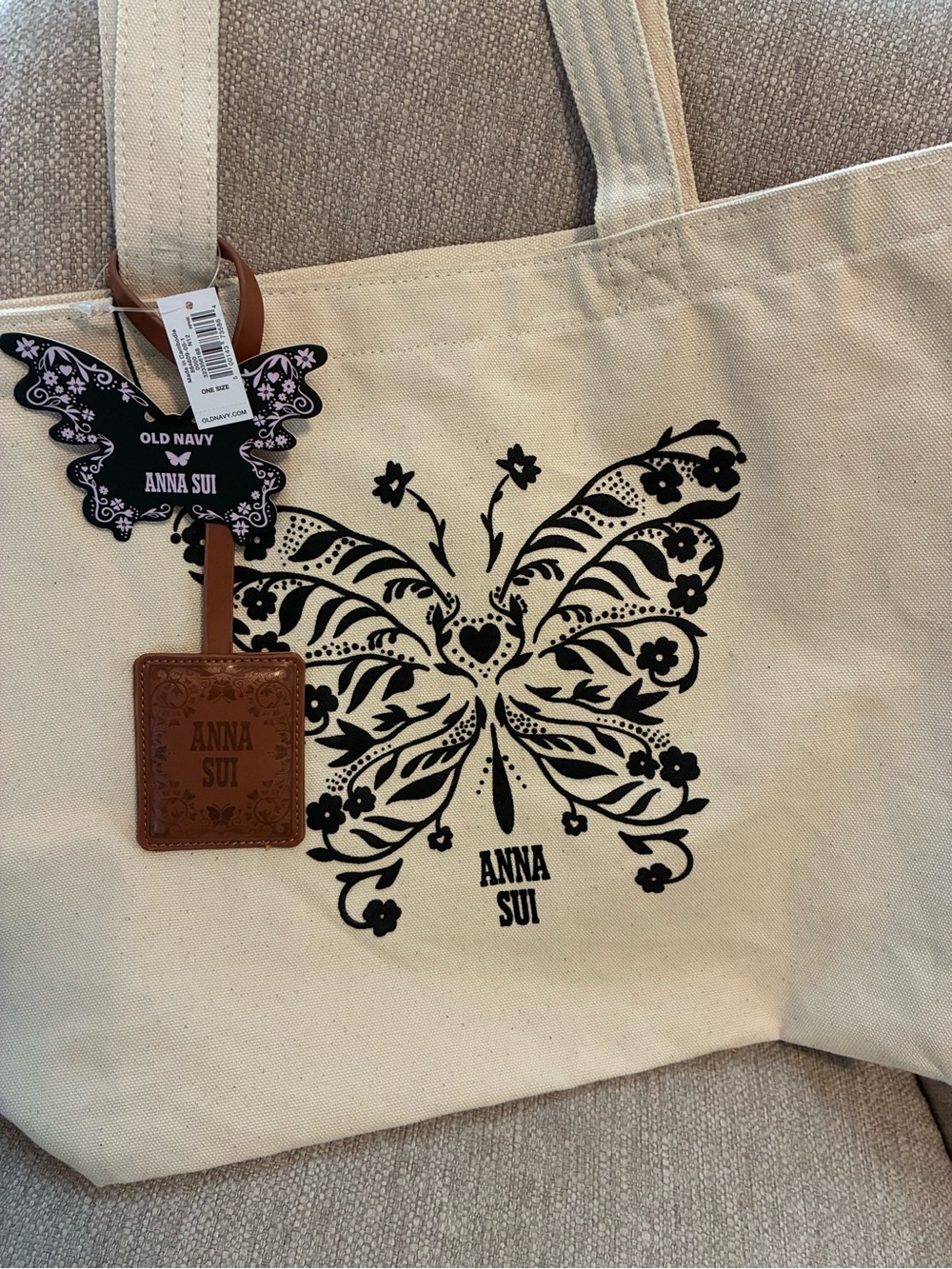 ANNA SUI X Old Navy Canvas Tote with Black Botanical Butterfly Print NWT